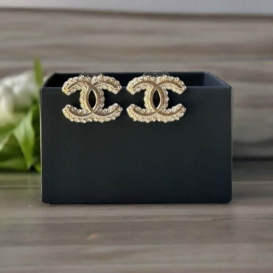 Chanel Gold CC with Clear Crystals Post Earrings Pre-Owned - My Mama Found What
