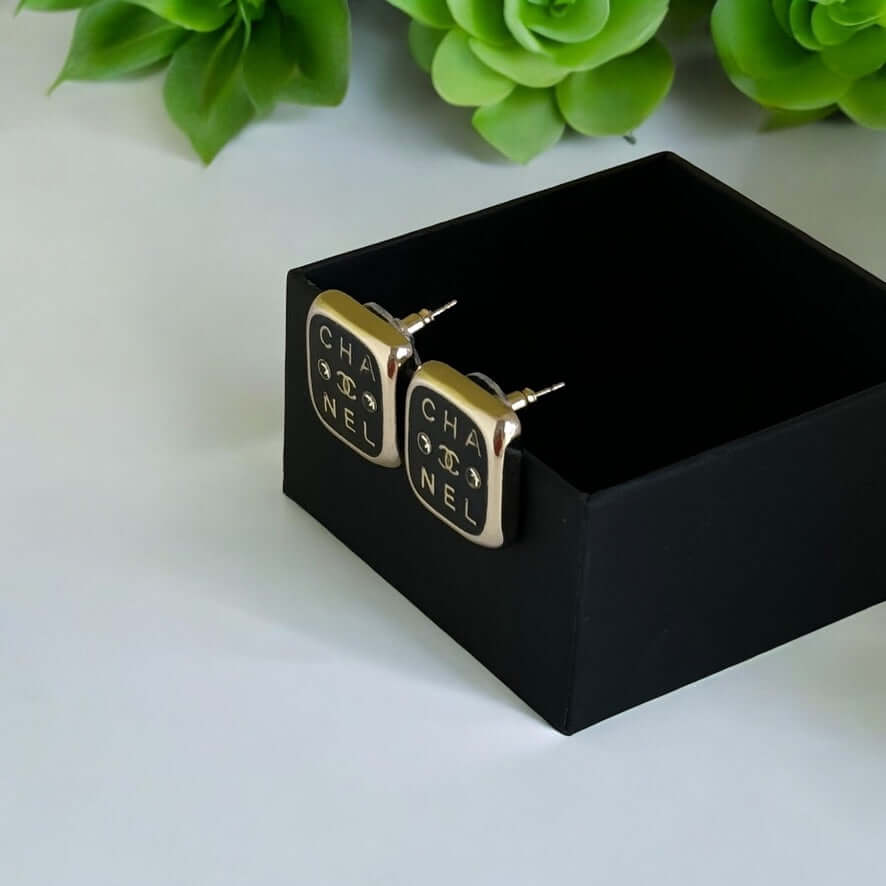 Chanel Gold Black Rounded Square Earrings Pre-Owned - My Mama Found What