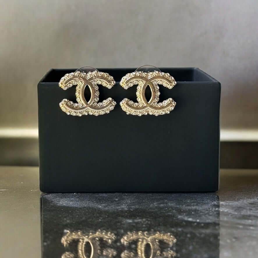 Chanel Gold CC with Clear Crystals Post Earrings Pre-Owned - My Mama Found What
