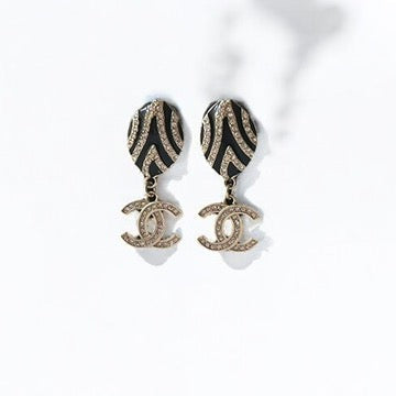 Pre-Owned Chanel Gold Plated & Black Enamel & Crystals Earrings - My Mama Found What