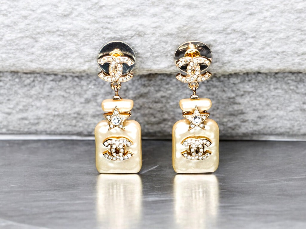 Chanel CC Perfume Gold /White Dangle Earrings - My Mama Found What