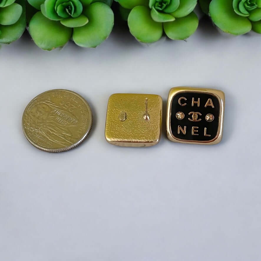 Chanel Gold Black Rounded Square Earrings Pre-Owned - My Mama Found What