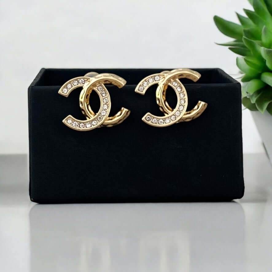 Chanel Gold CC w/Clear Crystals Post Earrings Pre-Owned - My Mama Found What