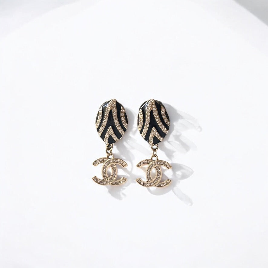 Pre-Owned Chanel Gold Plated & Black Enamel & Crystals Earrings - My Mama Found What