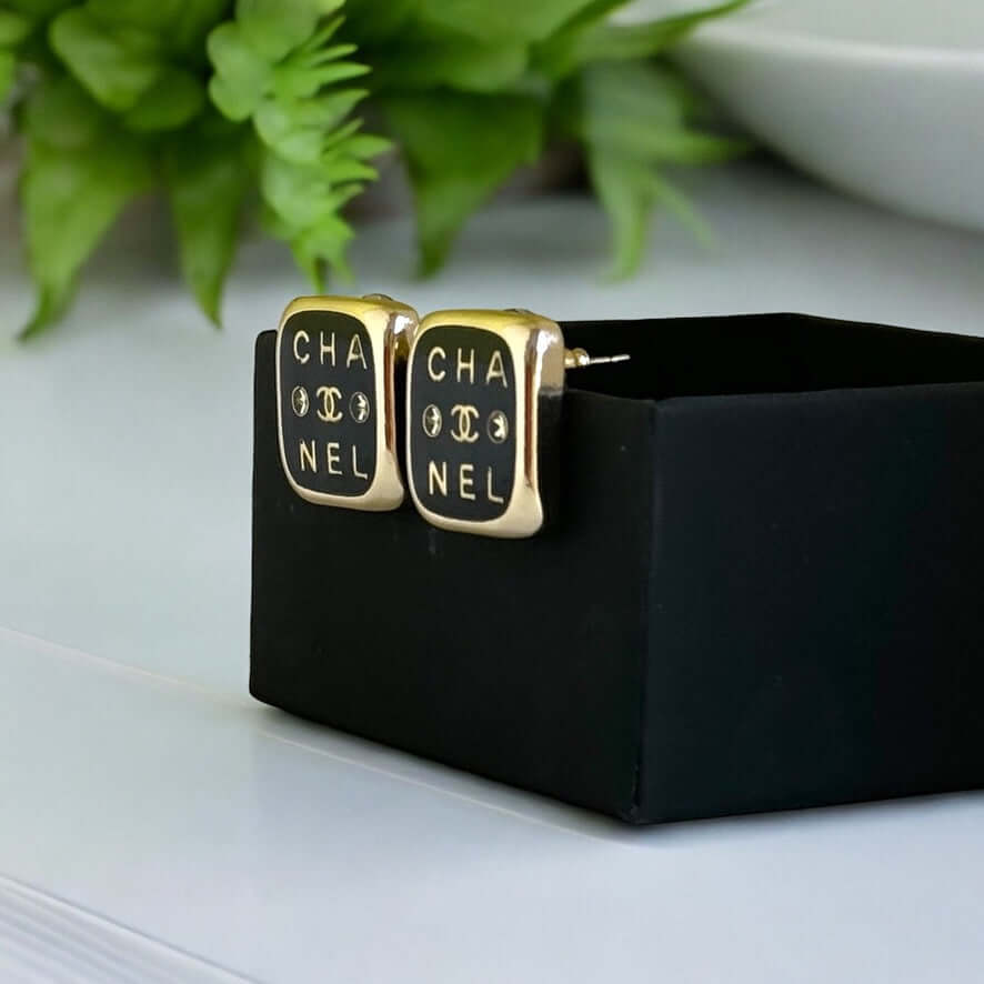 Chanel Gold Black Rounded Square Earrings Pre-Owned - My Mama Found What