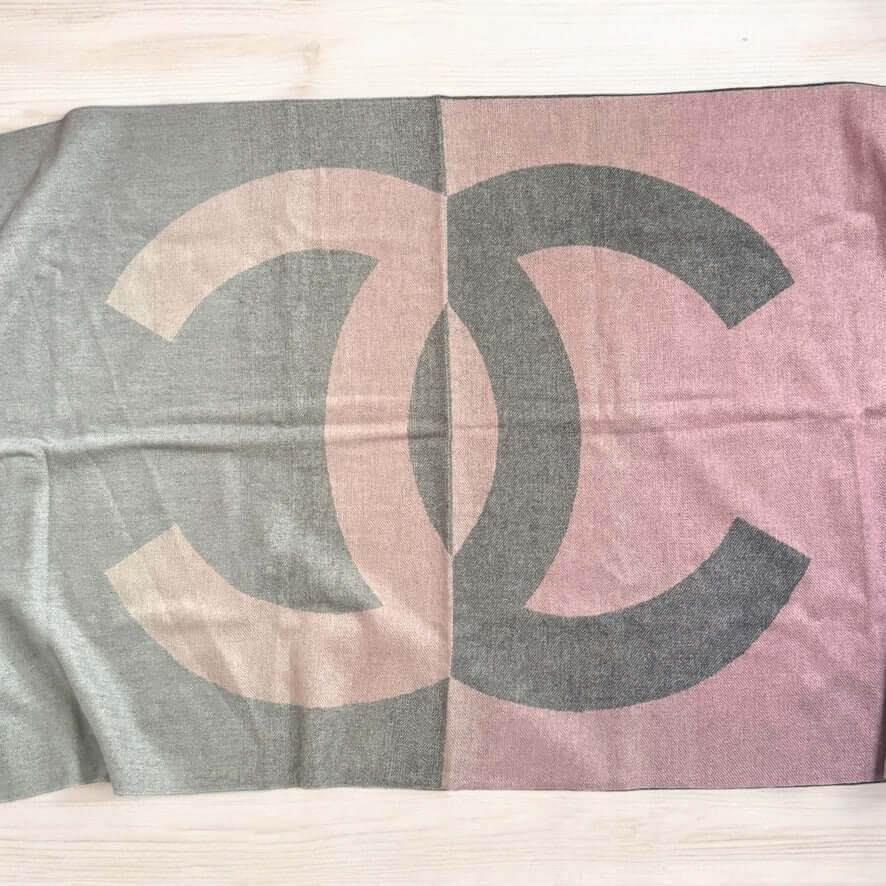Authentic Chanel Fringe Pink Grey CC Shawl Scarf Never Worn Cashmere - My Mama Found What