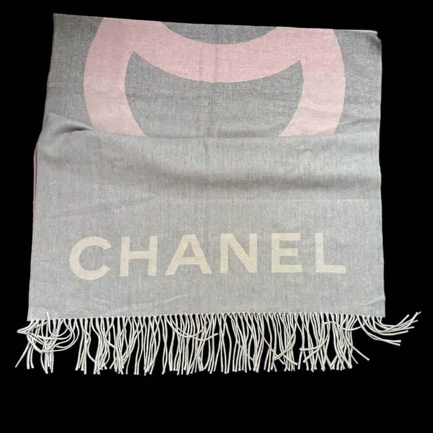 Authentic Chanel Fringe Pink Grey CC Shawl Scarf Never Worn Cashmere - My Mama Found What