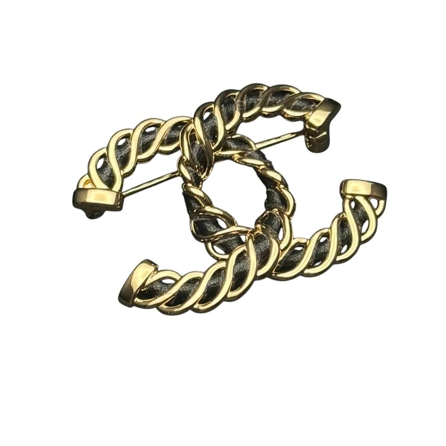 Authentic Chanel Gold CC w/ Black Leather Brooch Pre-Owned - My Mama Found What