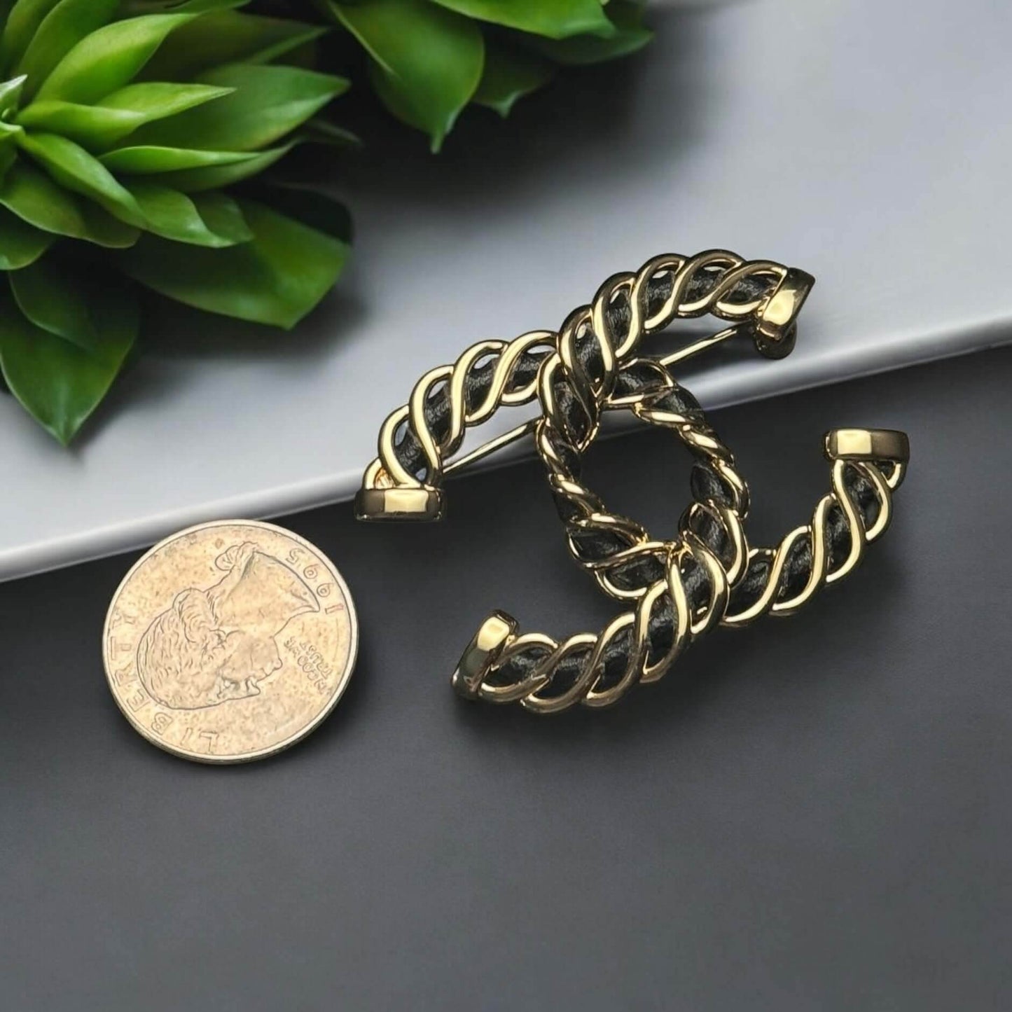 Authentic Chanel Gold CC w/ Black Leather Brooch Pre-Owned - My Mama Found What