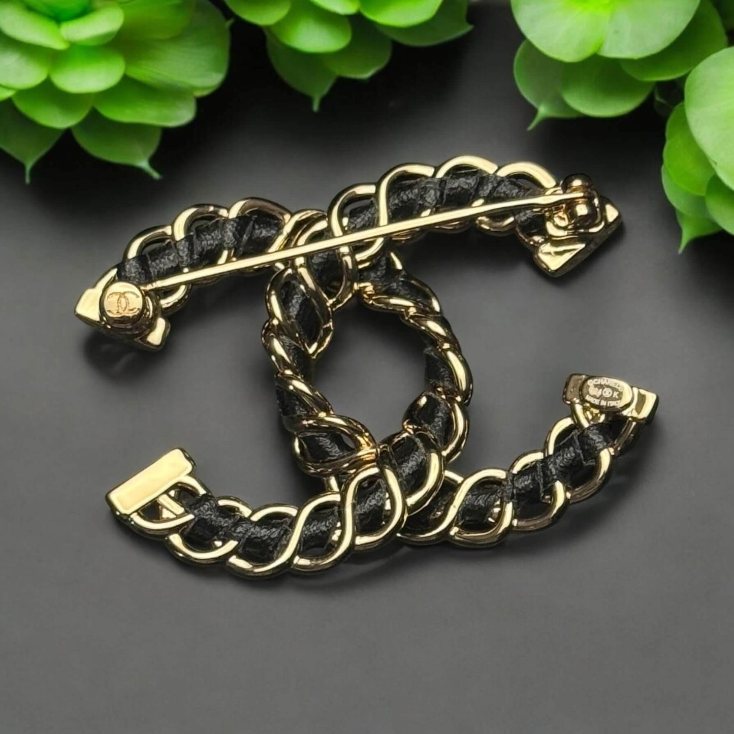 Authentic Chanel Gold CC w/ Black Leather Brooch Pre-Owned - My Mama Found What