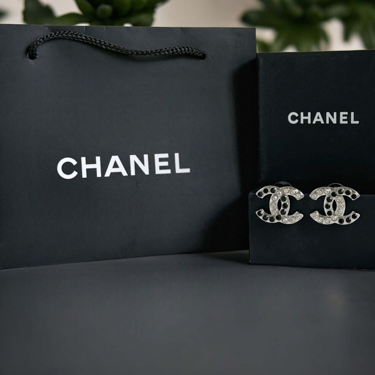 Authentic Chanel Silver CC with Clear & Black Crystals Earrings Pre-Owned - My Mama Found What My Mama Found What