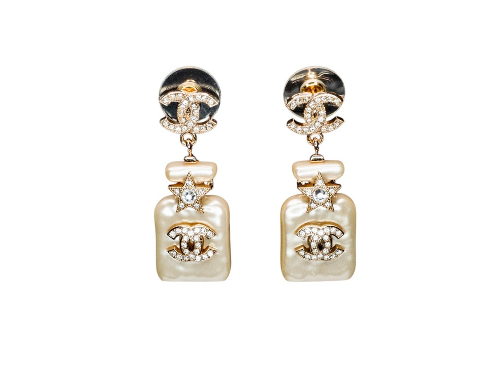 Chanel CC Perfume Gold /White Dangle Earrings - My Mama Found What