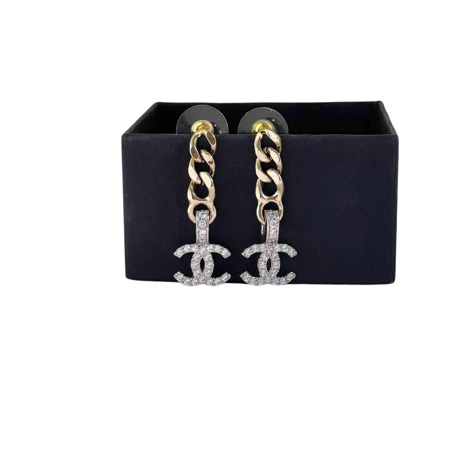 CHANEL CC Gold Chain & Silver with Crystals accents Dangle Pre-Owned Earrings - My Mama Found What