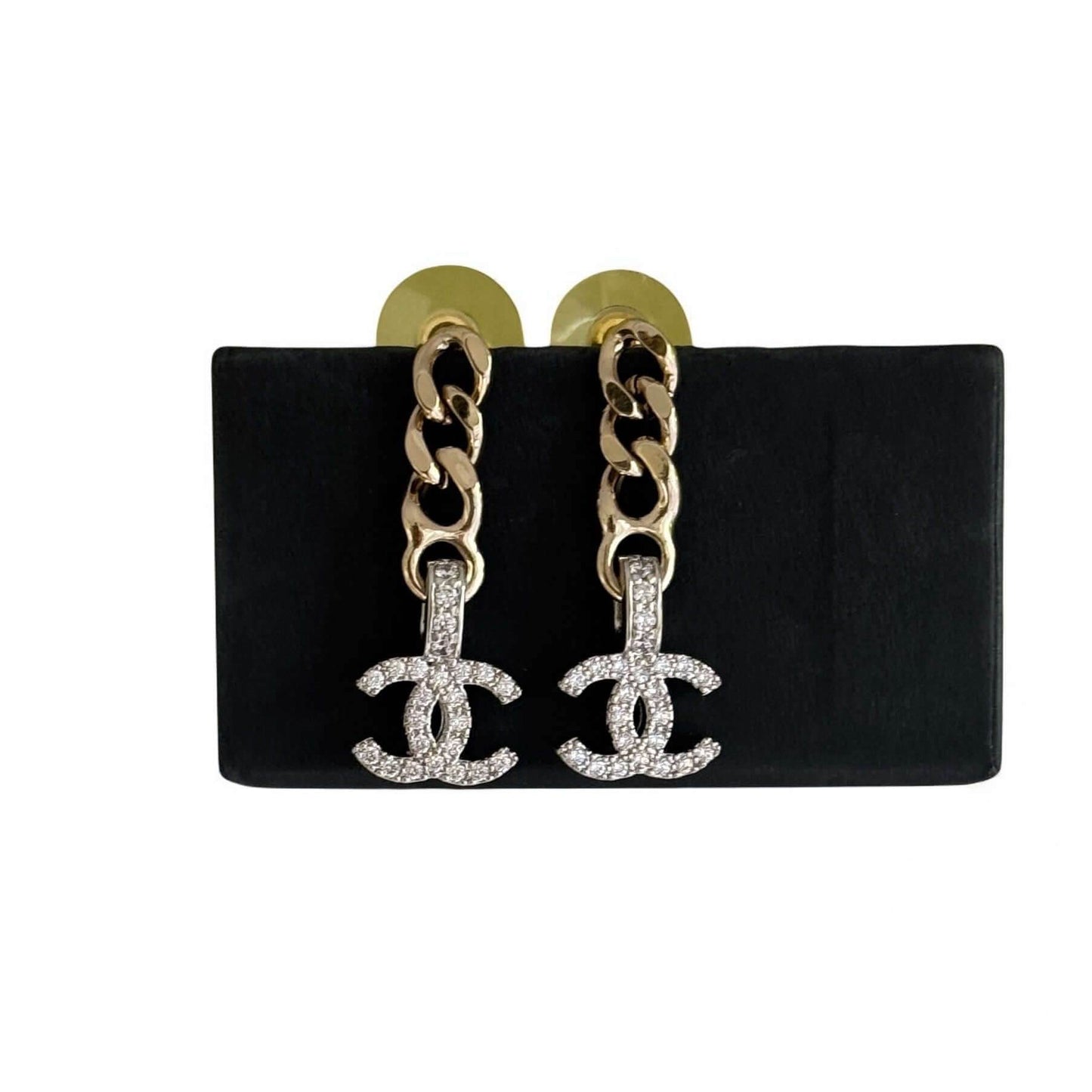 CHANEL CC Gold Chain & Silver with Crystals accents Dangle Pre-Owned Earrings - My Mama Found What