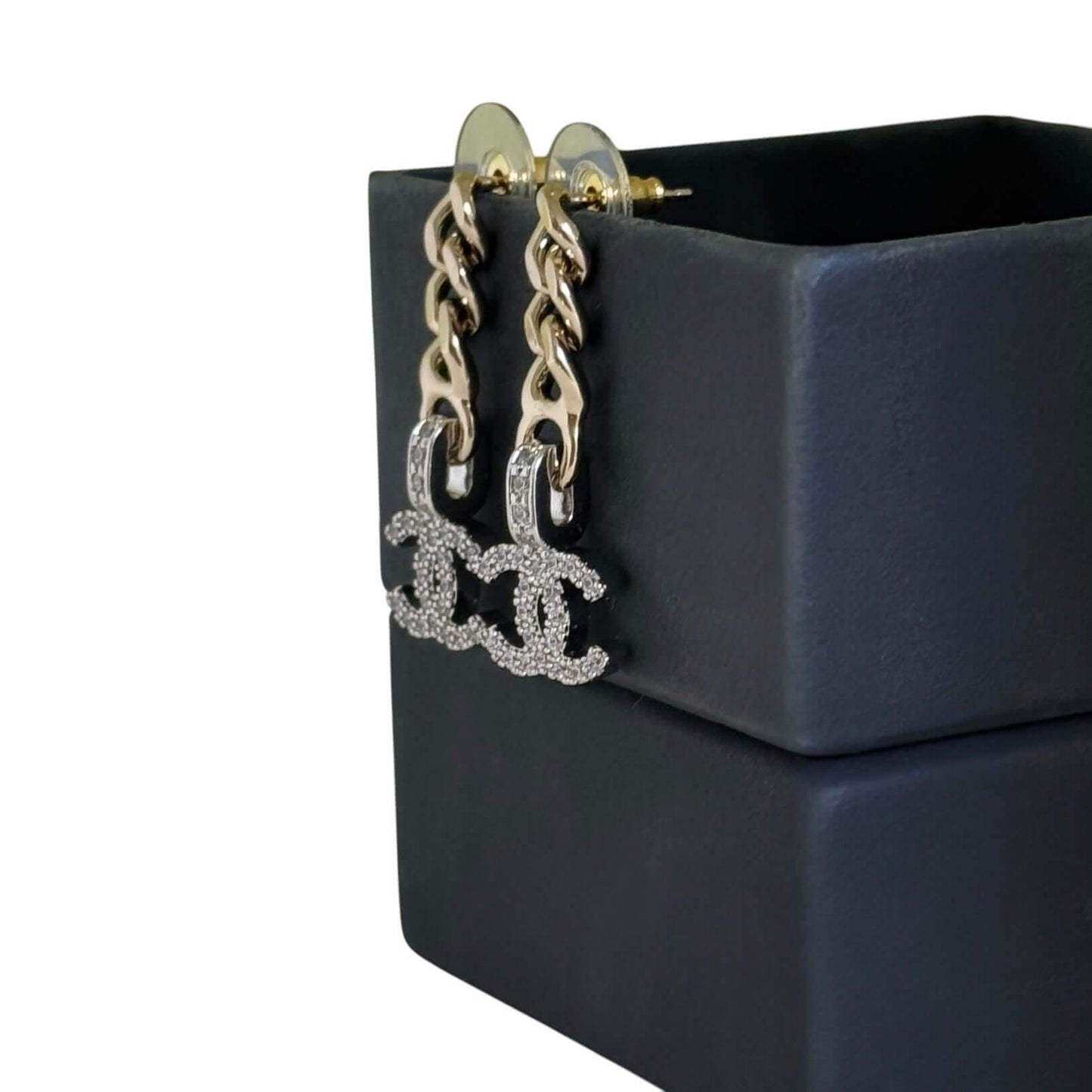 CHANEL CC Gold Chain & Silver with Crystals accents Dangle Pre-Owned Earrings - My Mama Found What