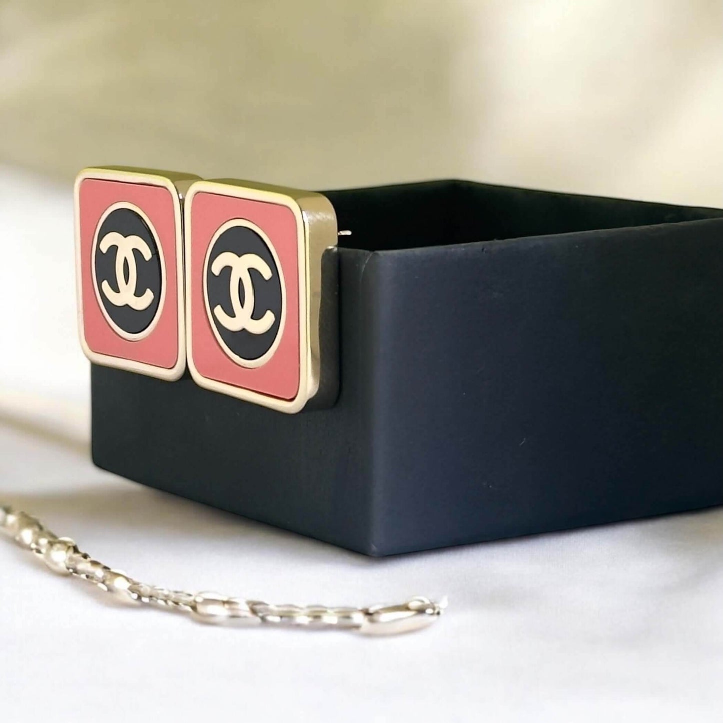 CHANEL CC Gold Coral Pink & Blk Square Pre-Owned Earrings - My Mama Found What
