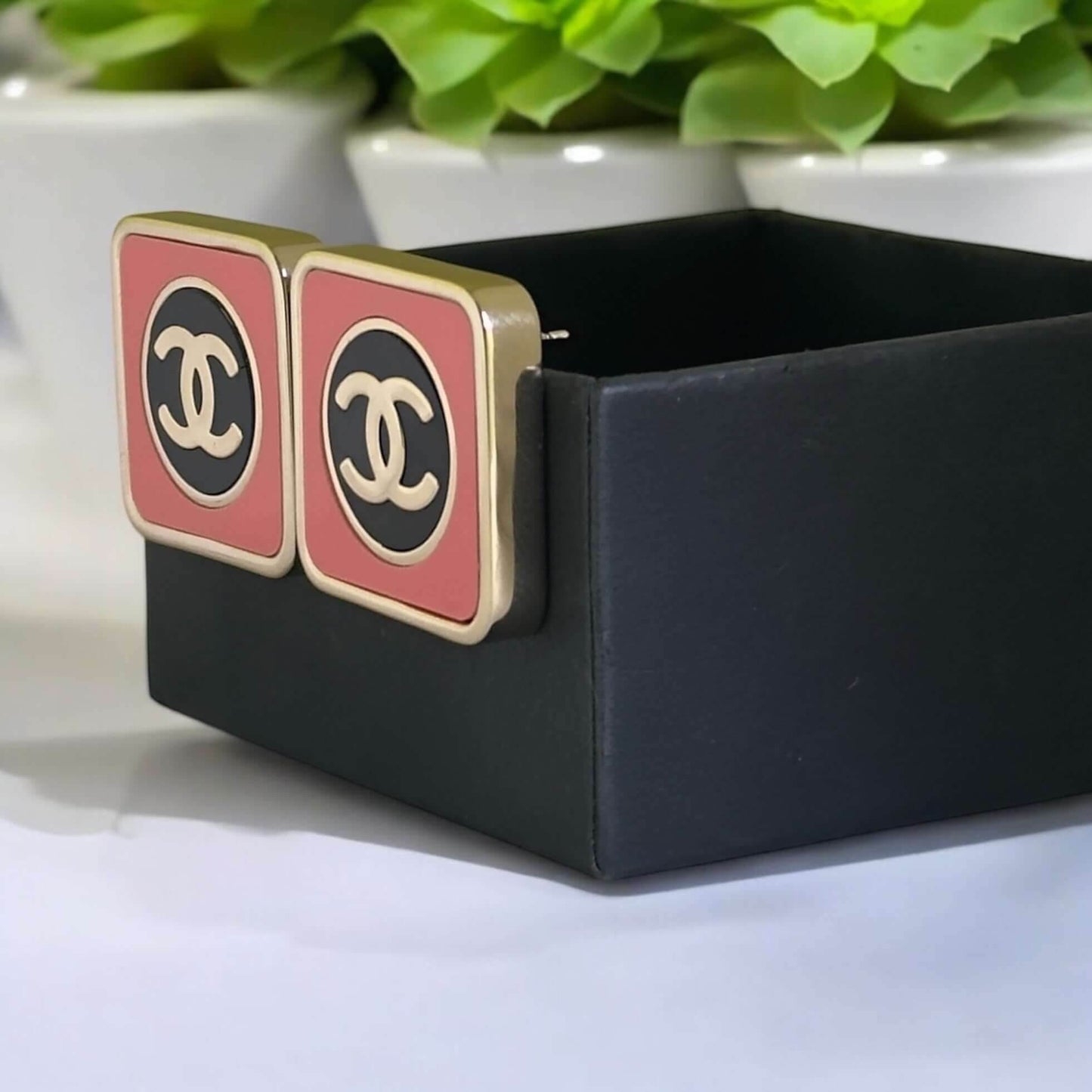 CHANEL CC Gold Coral Pink & Blk Square Pre-Owned Earrings - My Mama Found What