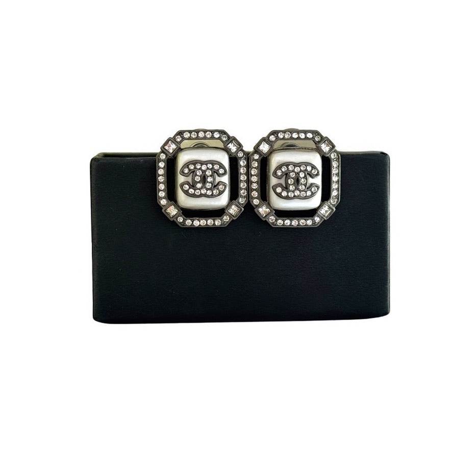 CHANEL CC w/ crystals enamel gun metal Pre-Owned Earrings - My Mama Found What