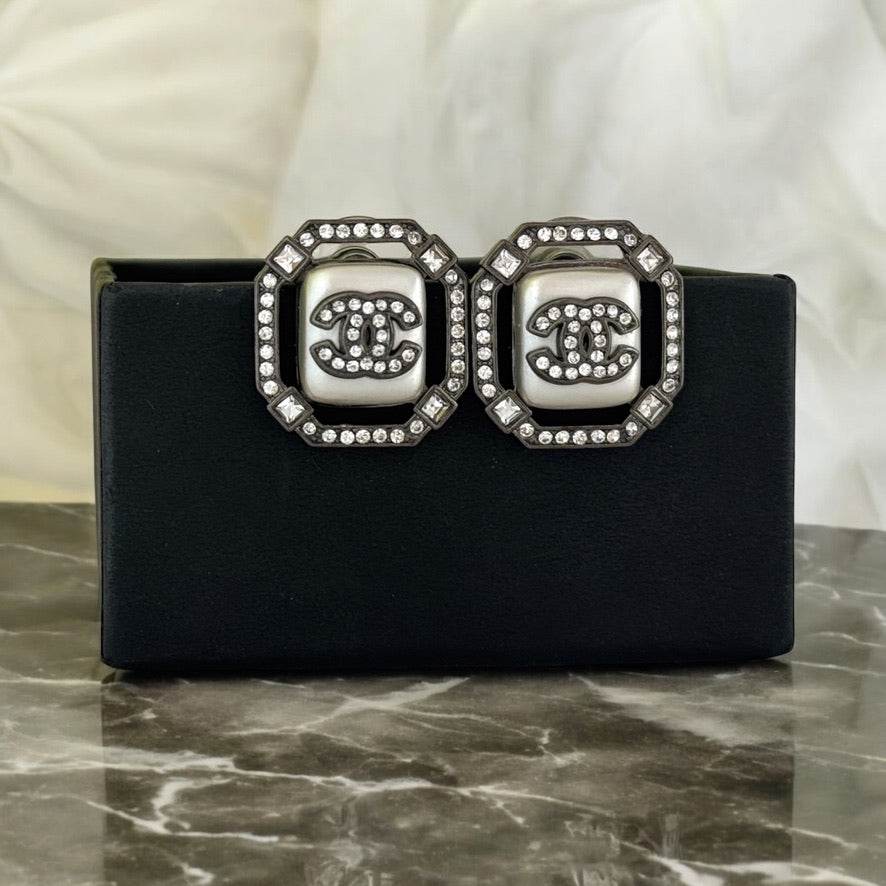 CHANEL CC w/ crystals enamel gun metal Pre-Owned Earrings - My Mama Found What