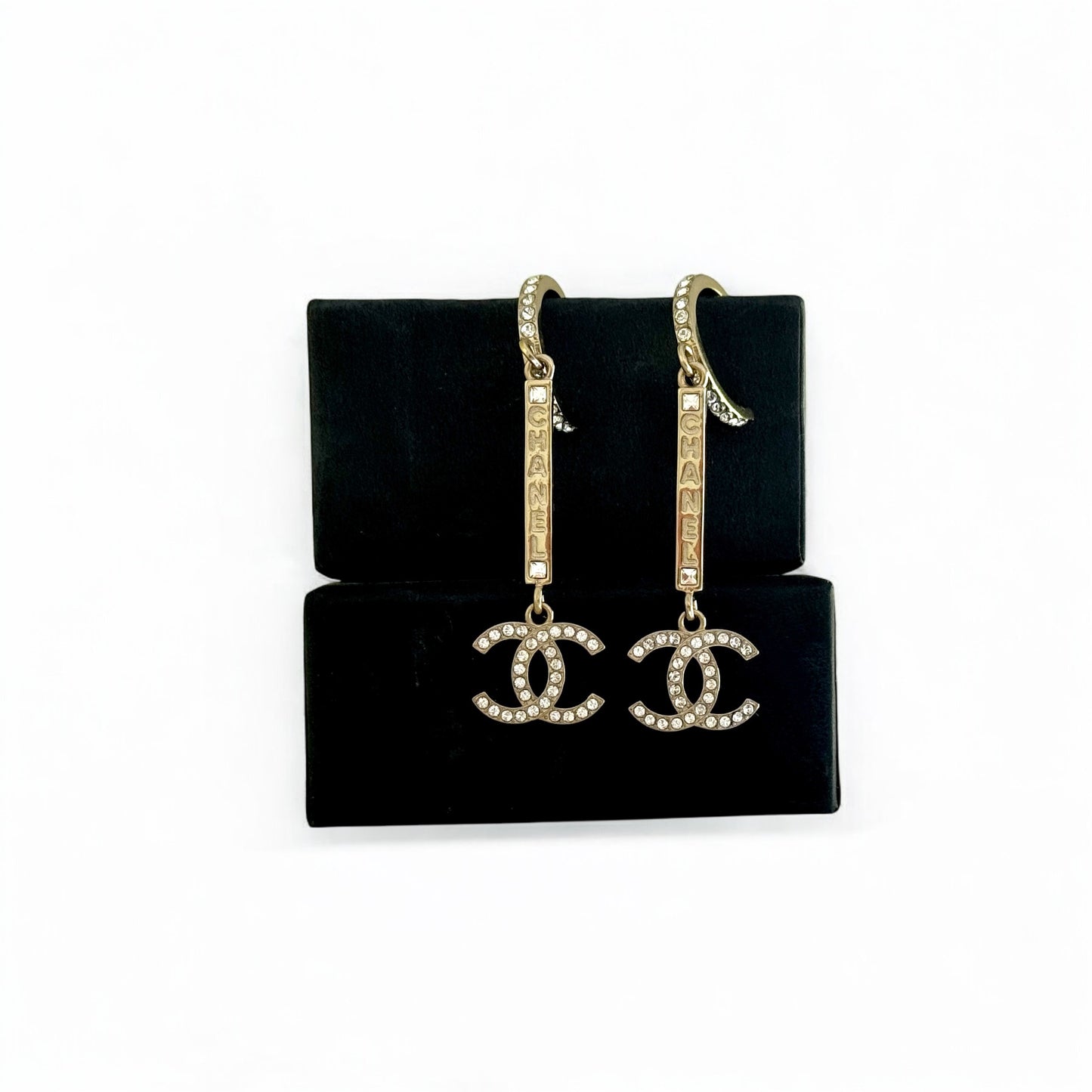 CHANEL Gold CC CHANEL Mark w/ Crystals Dangle Pre-Owned Earrings - My Mama Found What