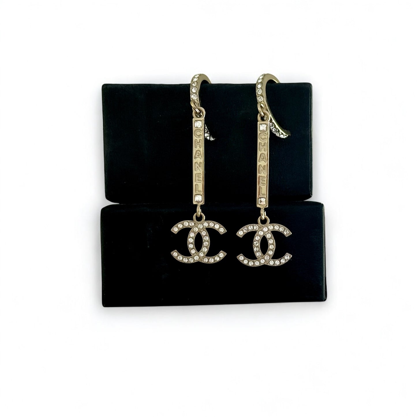 CHANEL Gold CC CHANEL Mark w/ Crystals Dangle Pre-Owned Earrings - My Mama Found What