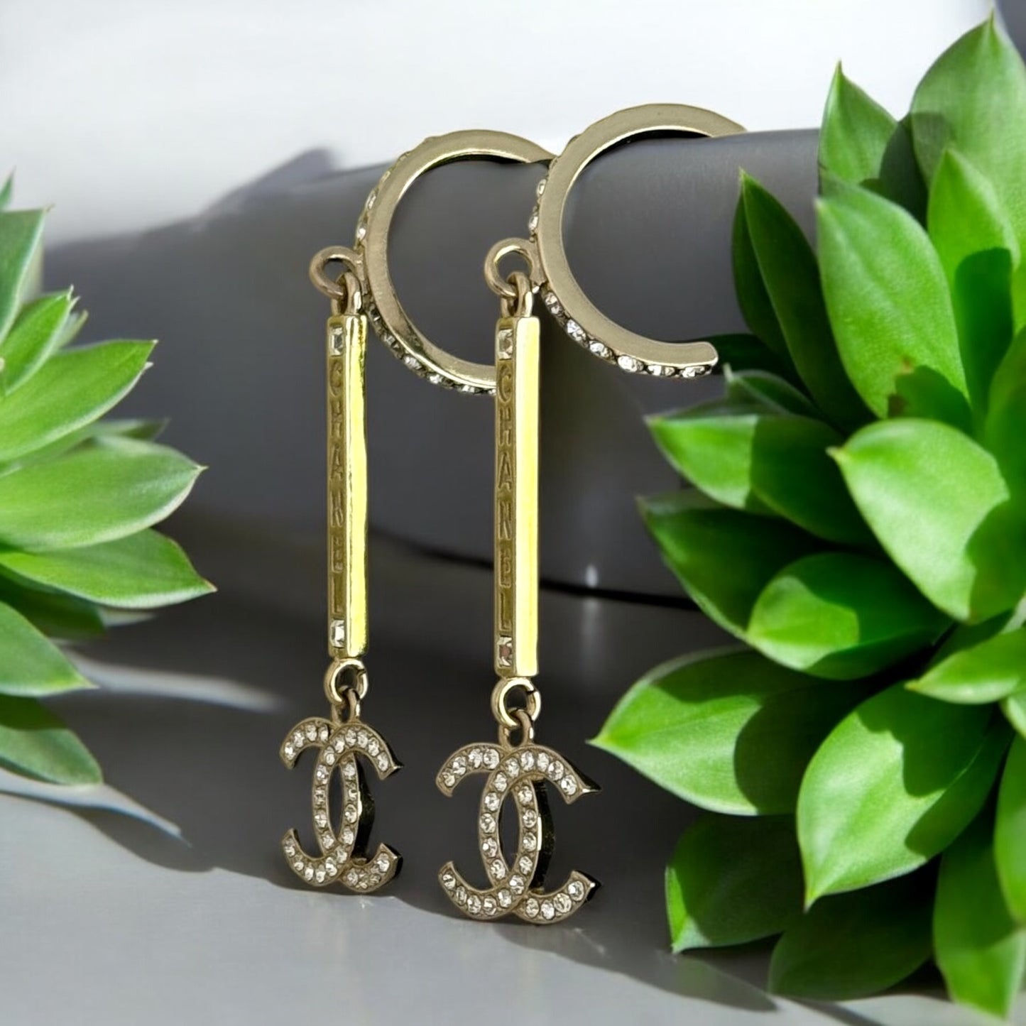 CHANEL Gold CC CHANEL Mark w/ Crystals Dangle Pre-Owned Earrings - My Mama Found What
