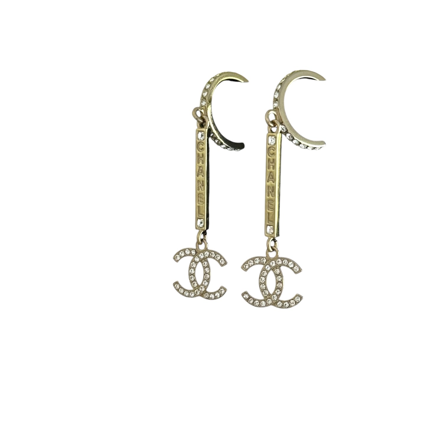 CHANEL Gold CC CHANEL Mark w/ Crystals Dangle Pre-Owned Earrings - My Mama Found What