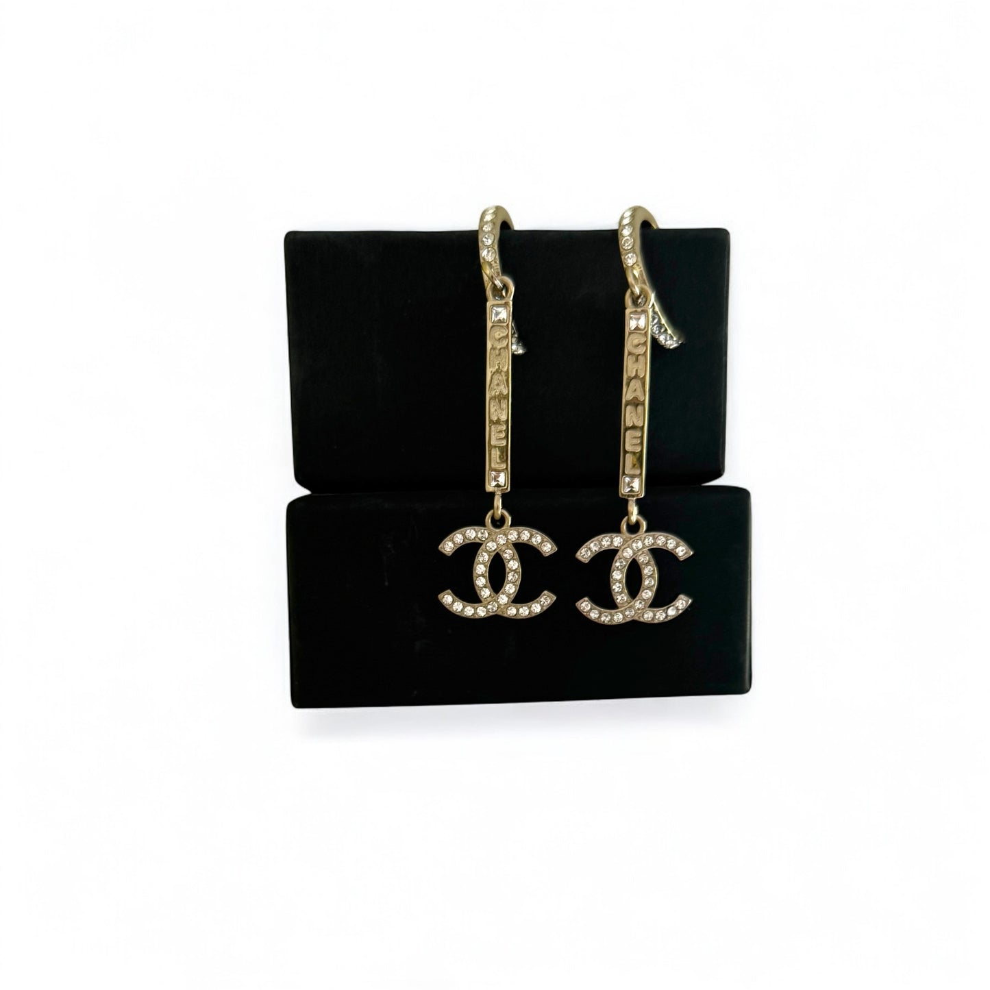CHANEL Gold CC CHANEL Mark w/ Crystals Dangle Pre-Owned Earrings - My Mama Found What