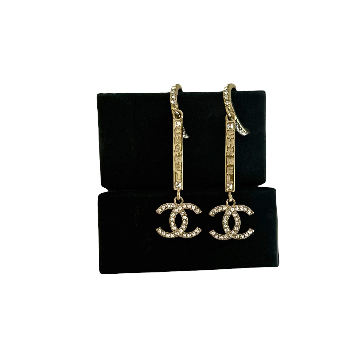 CHANEL Gold CC CHANEL Mark w/ Crystals Dangle Pre-Owned Earrings - My Mama Found What