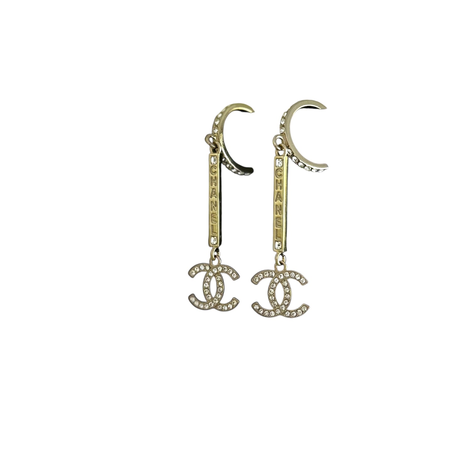 CHANEL Gold CC CHANEL Mark w/ Crystals Dangle Pre-Owned Earrings - My Mama Found What