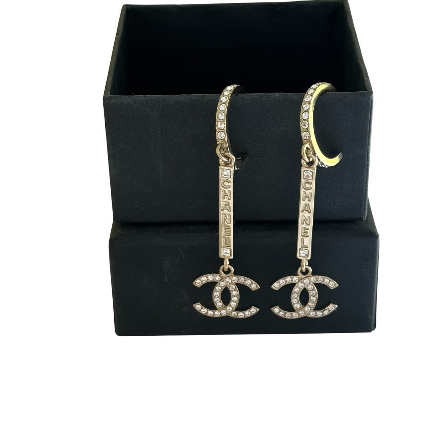 CHANEL Gold CC CHANEL Mark w/ Crystals Dangle Pre-Owned Earrings - My Mama Found What
