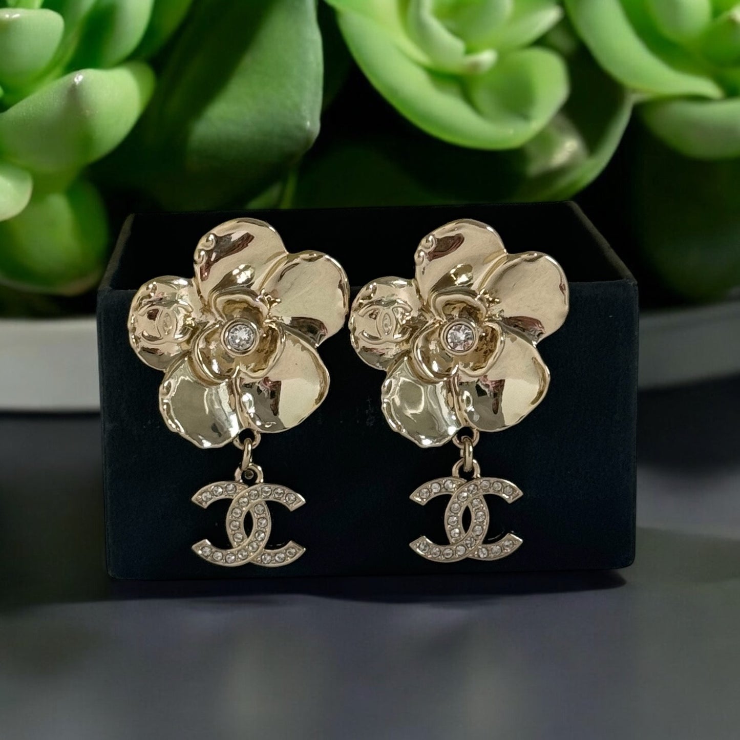 CHANEL Gold CC Camellia Flower Dangle Pre-Owned Earrings w/ crystals - My Mama Found What