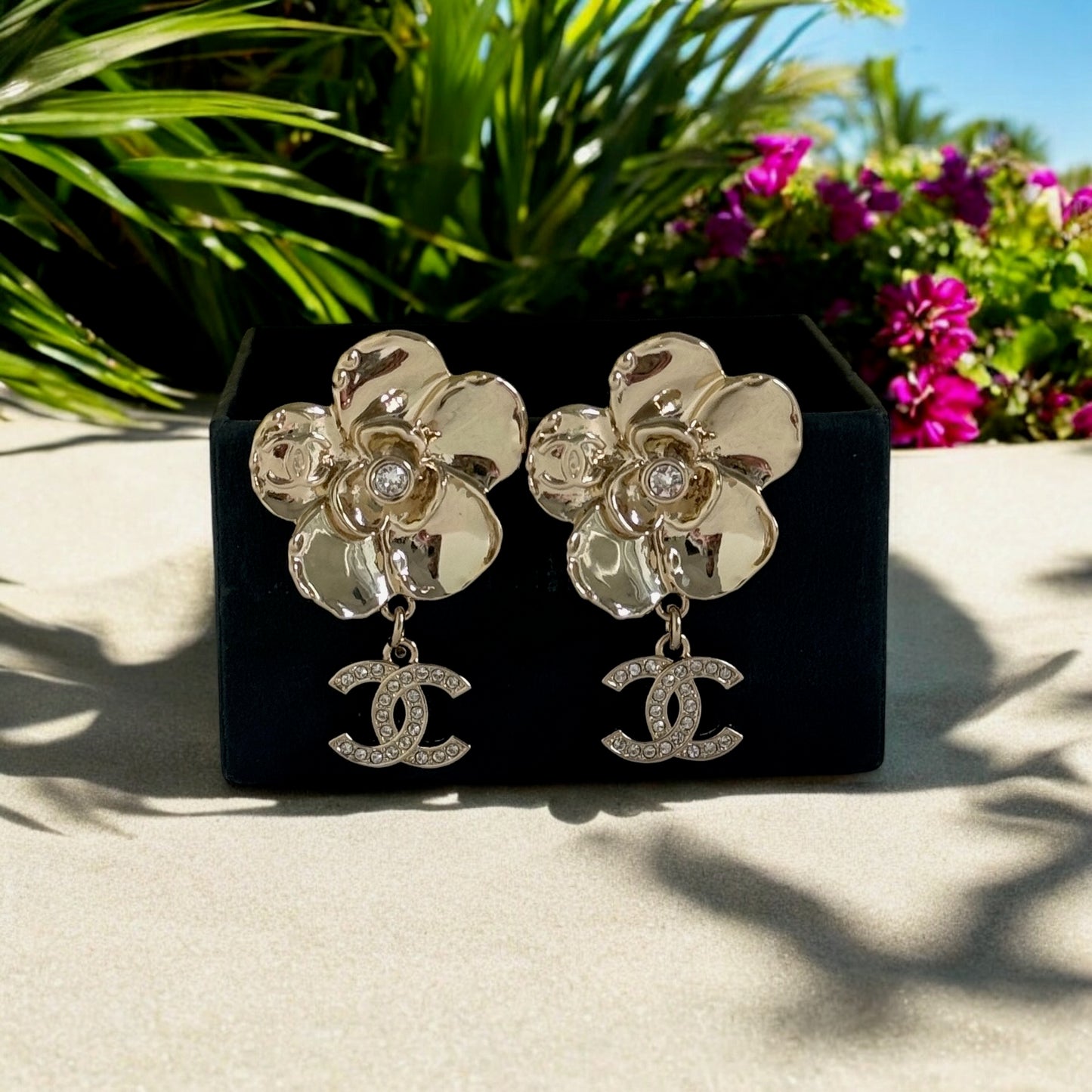 CHANEL Gold CC Camellia Flower Dangle Pre-Owned Earrings w/ crystals - My Mama Found What