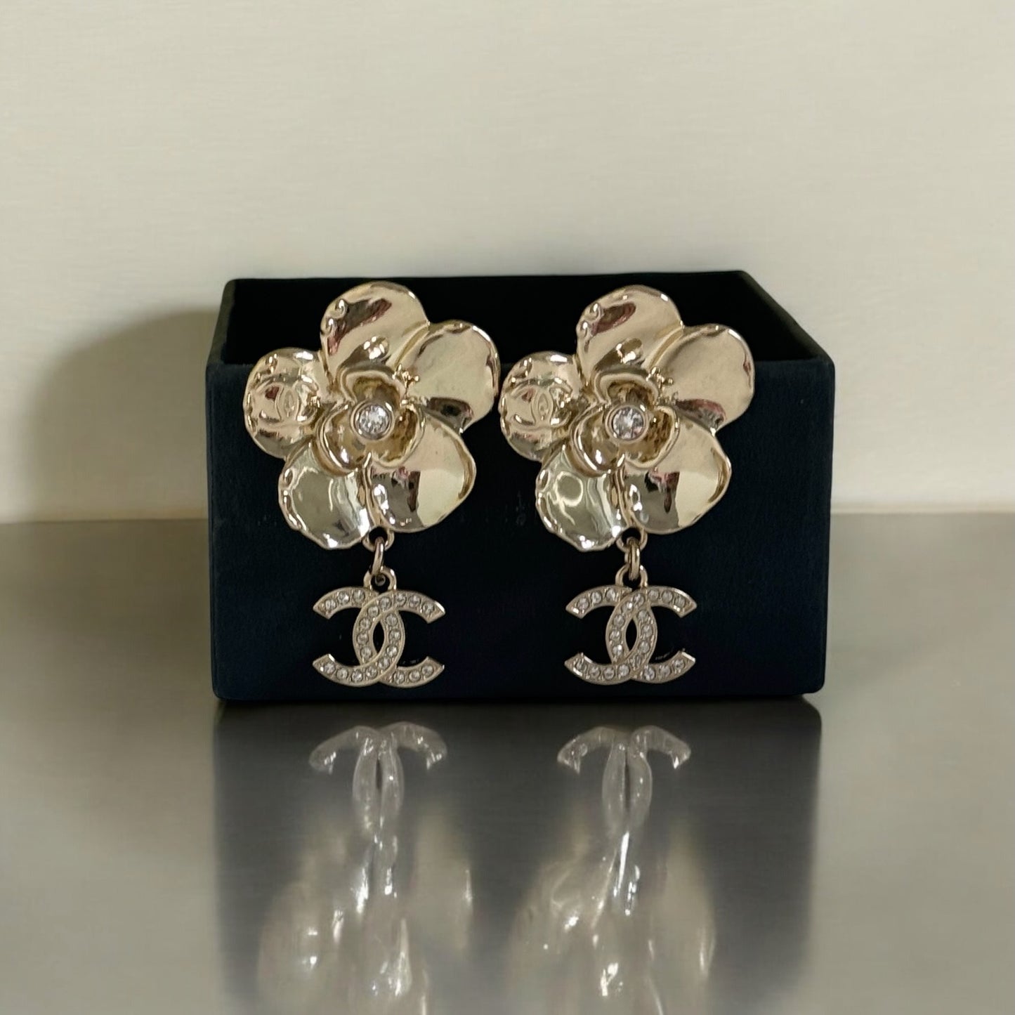 CHANEL Gold CC Camellia Flower Dangle Pre-Owned Earrings w/ crystals - My Mama Found What