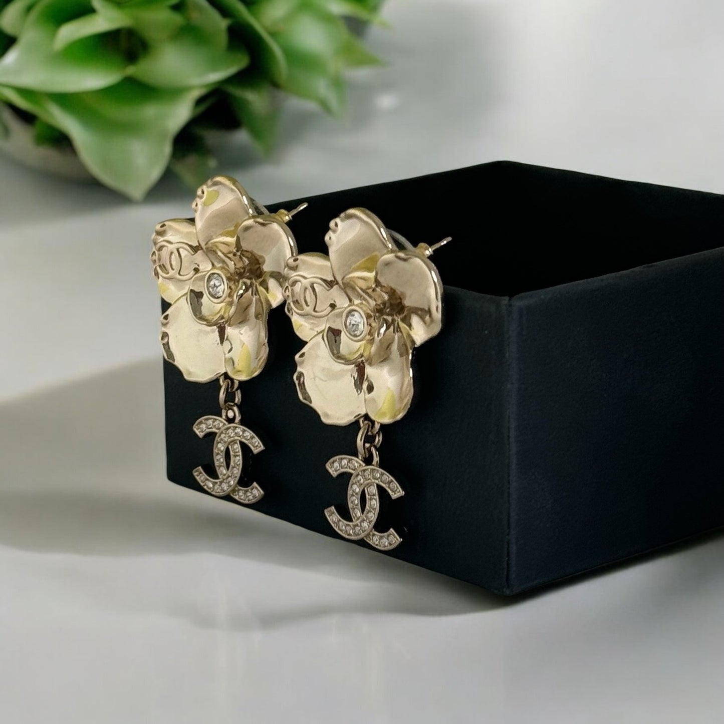 CHANEL Gold CC Camellia Flower Dangle Pre-Owned Earrings w/ crystals - My Mama Found What