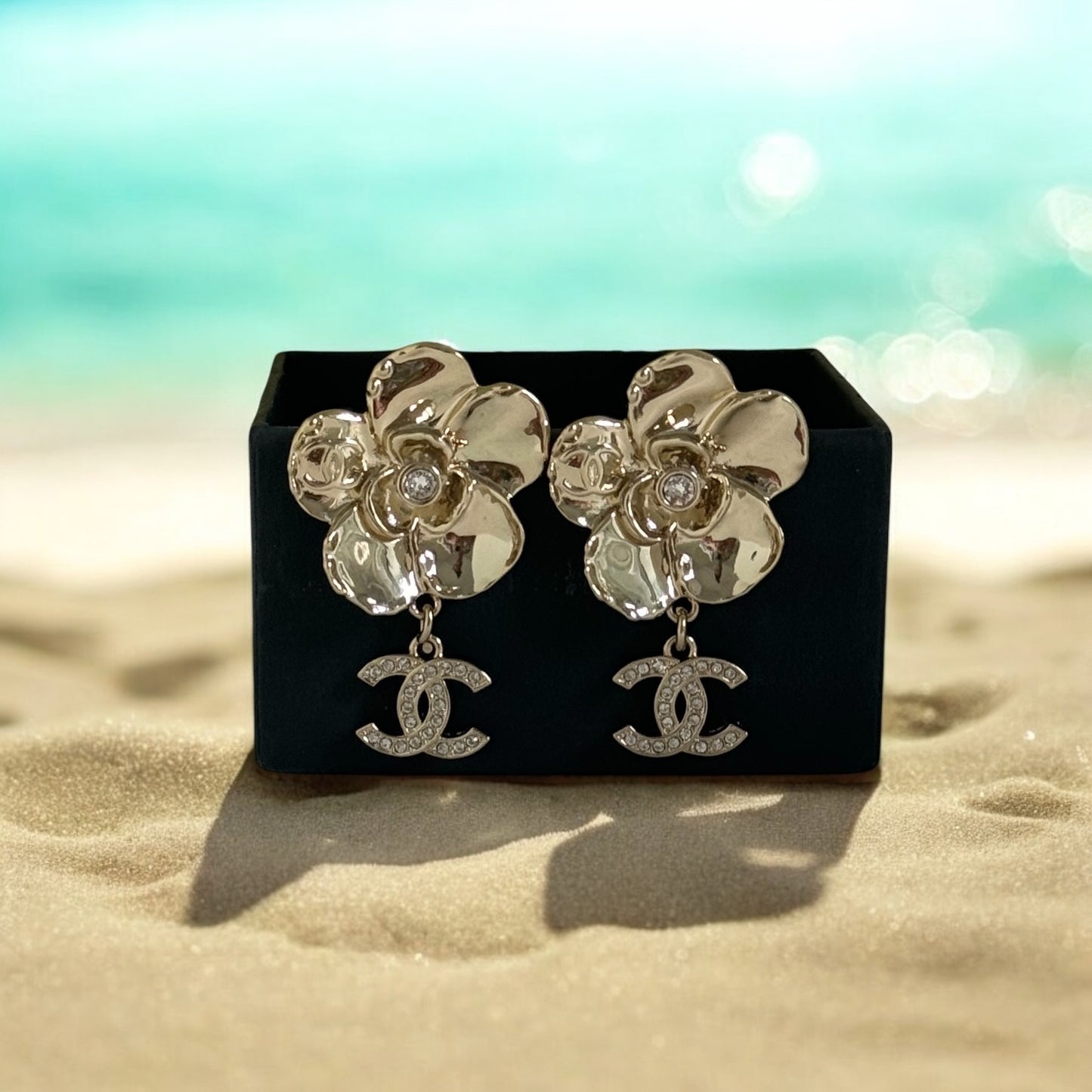 CHANEL Gold CC Camellia Flower Dangle Pre-Owned Earrings w/ crystals - My Mama Found What