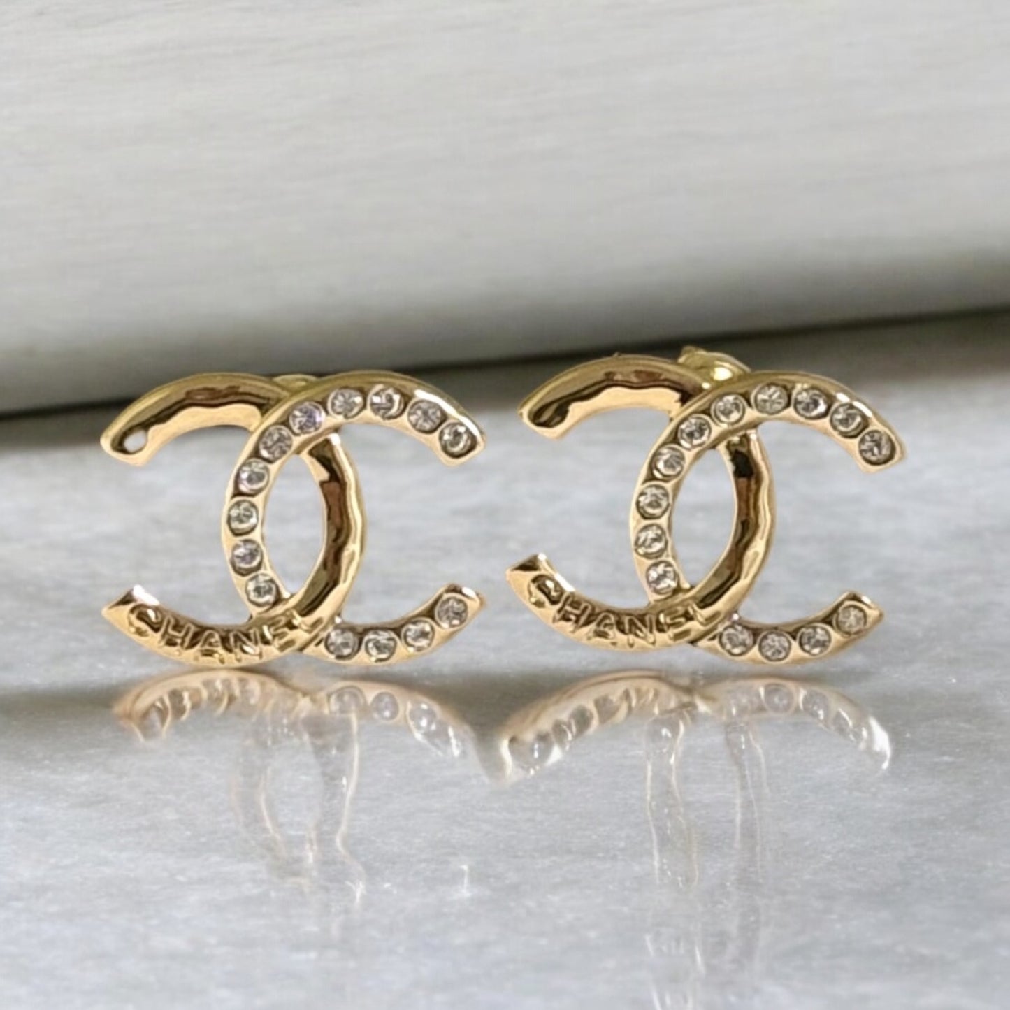 CHANEL Gold CC Chanel Mark w/ Crystals Pre-Owned Earrings - My Mama Found What