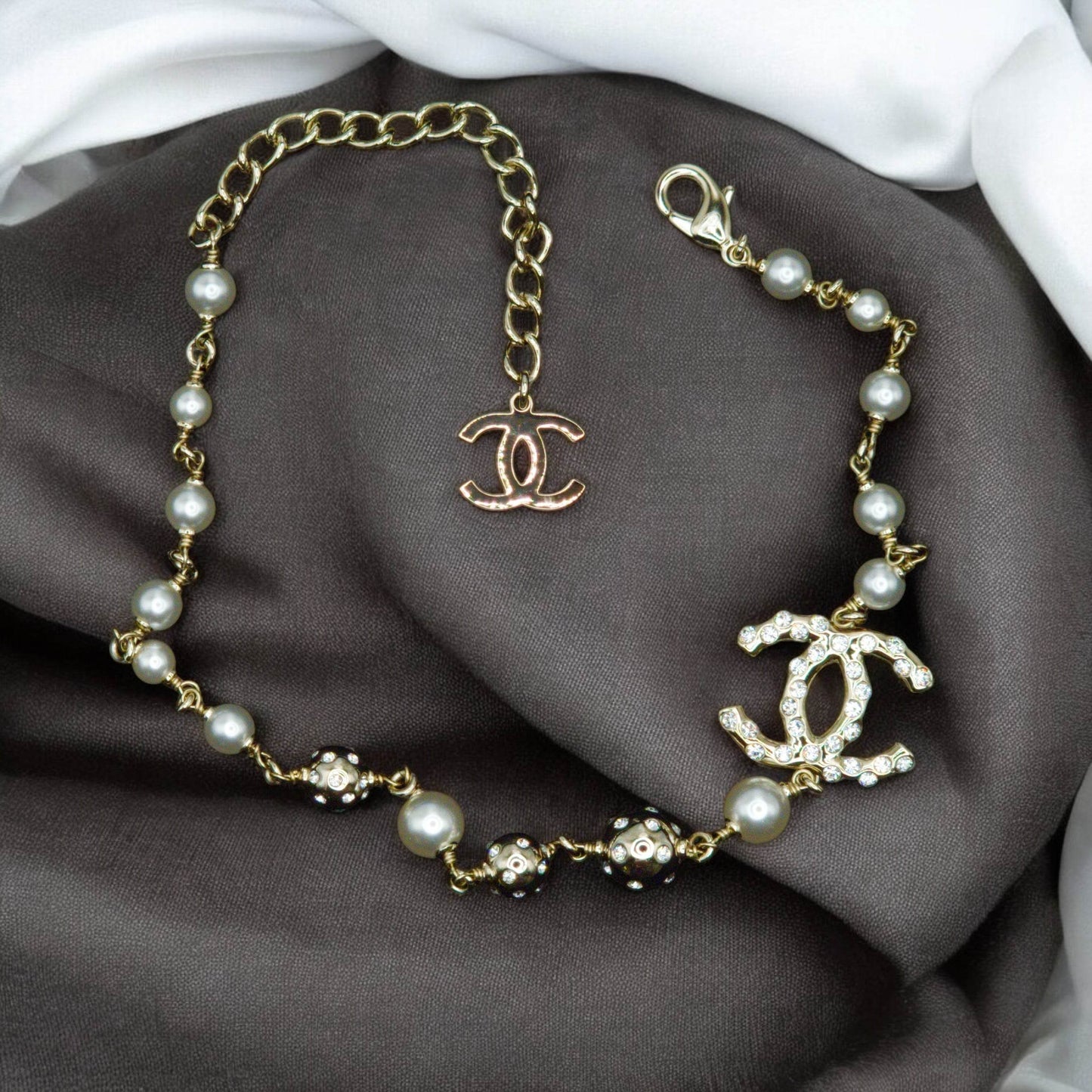 CHANEL Gold CC Crystals/Pearls Metal Link Necklace Pre-Owned - My Mama Found What