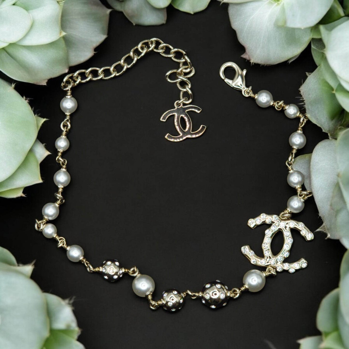 CHANEL Gold CC Crystals/Pearls Metal Link Necklace Pre-Owned - My Mama Found What