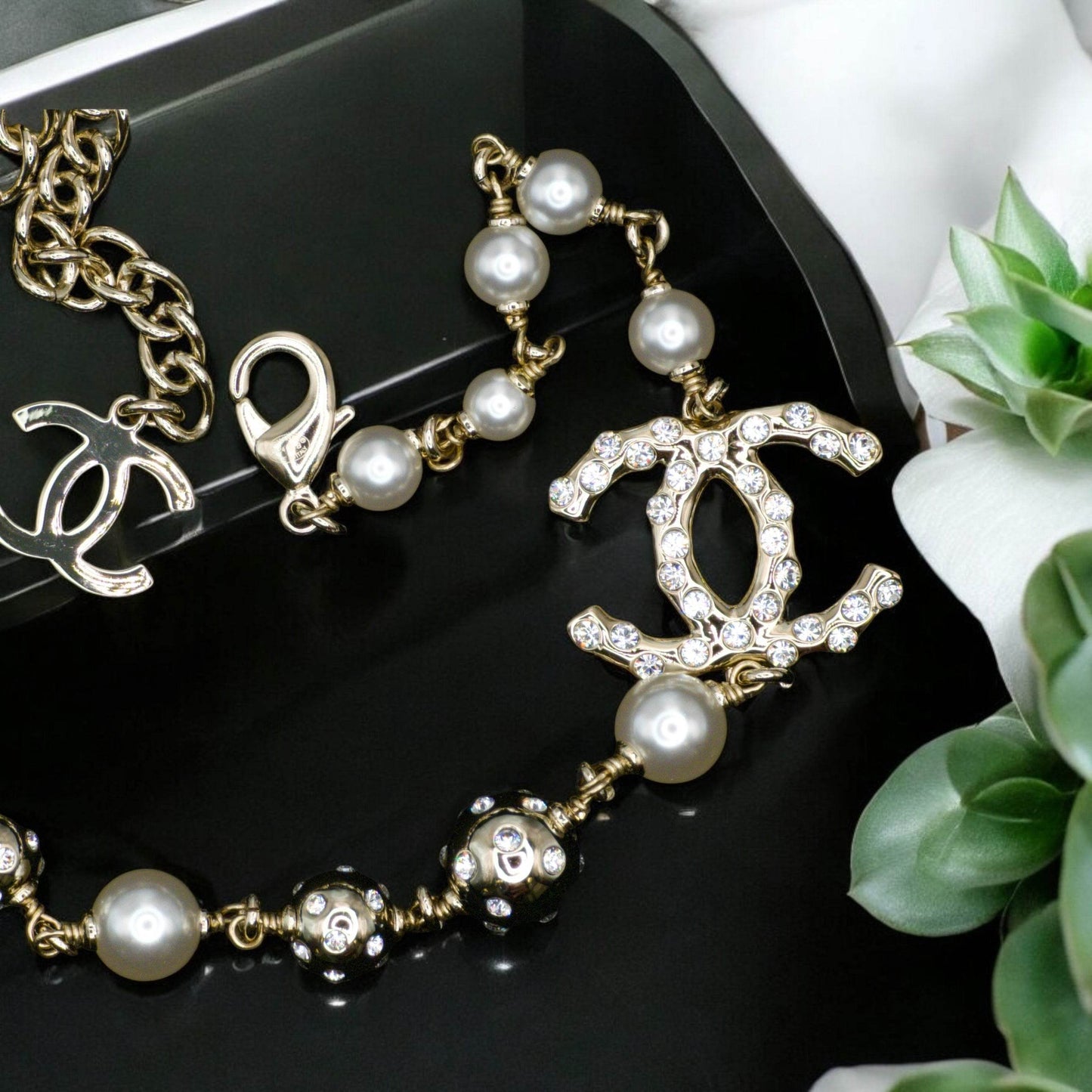 CHANEL Gold CC Crystals/Pearls Metal Link Necklace Pre-Owned - My Mama Found What