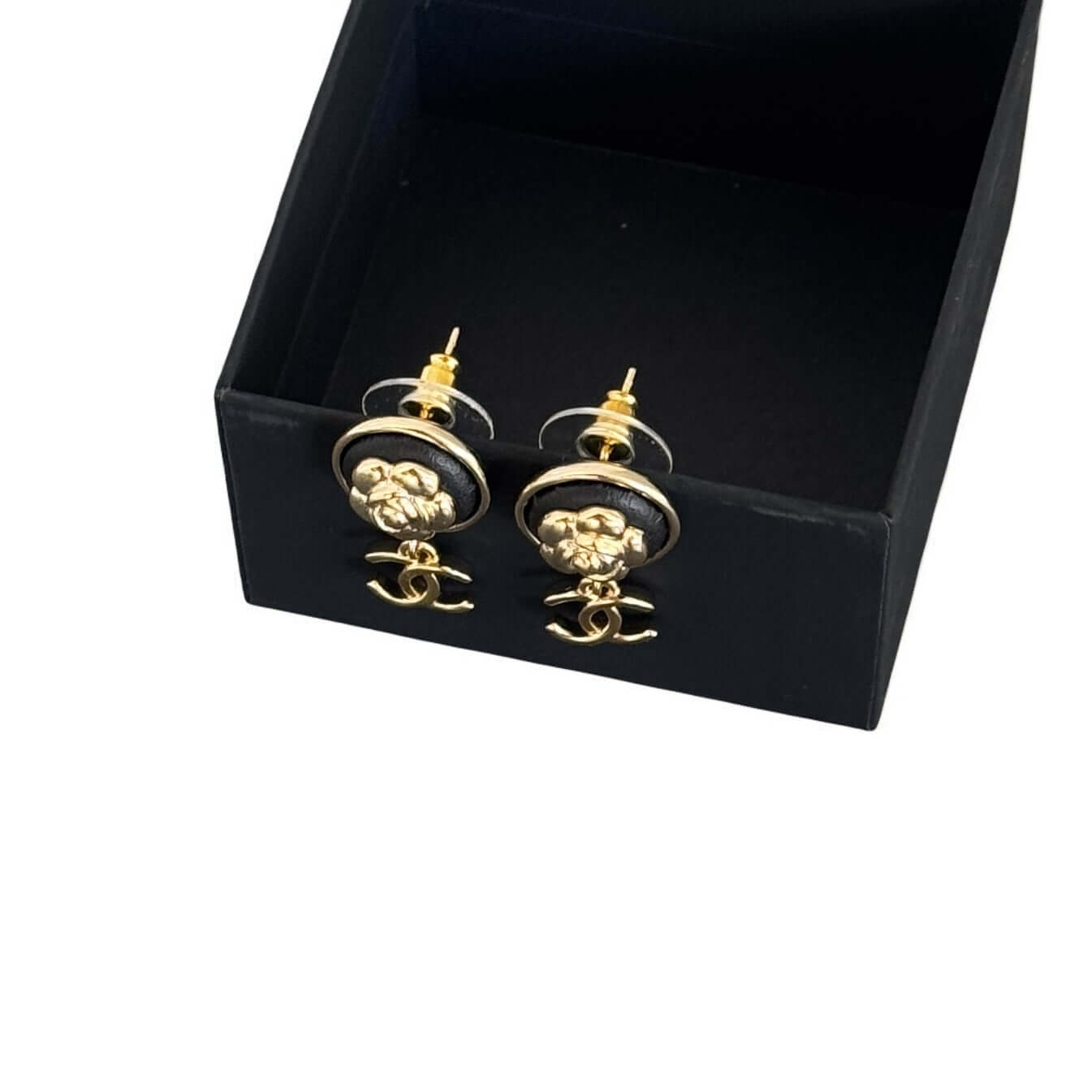 CHANEL Gold Camilla Floral CC Dangle Earrings with black leather