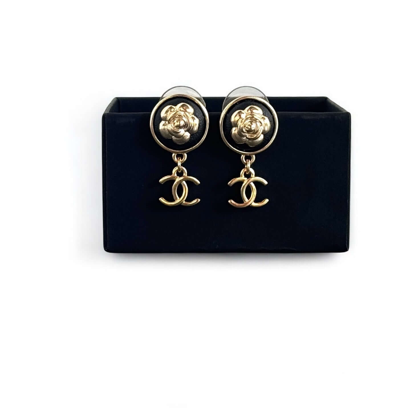 CHANEL Gold Camilla Floral CC Dangle Earrings with black leather