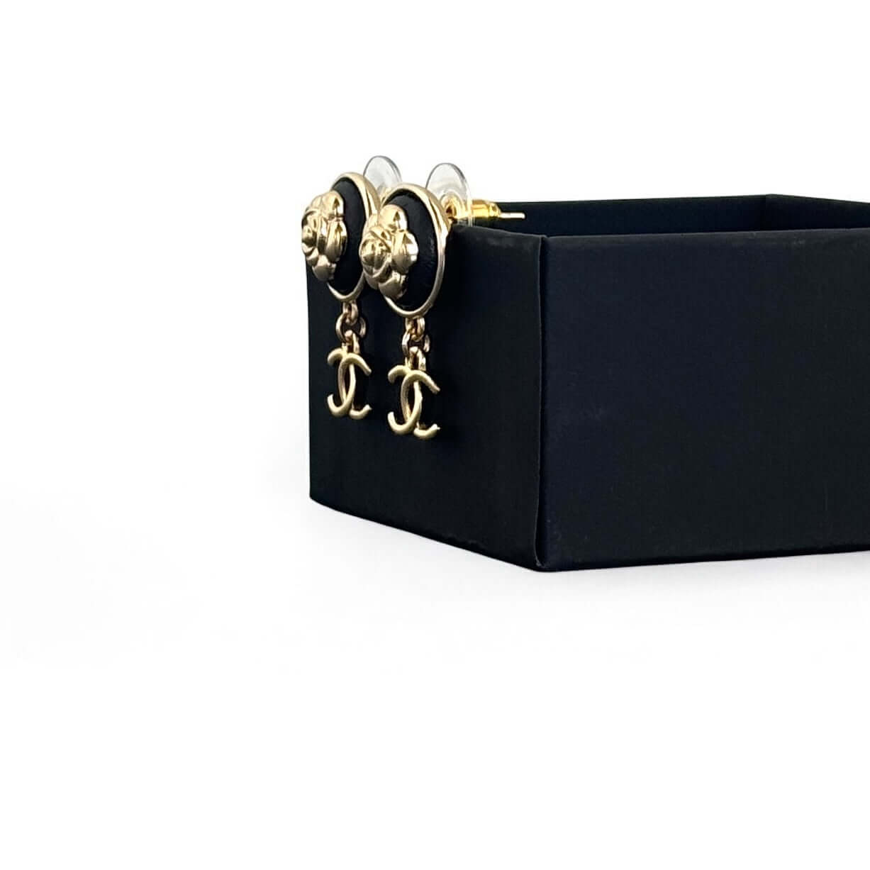 CHANEL Gold Camilla Floral CC Dangle Earrings with black leather
