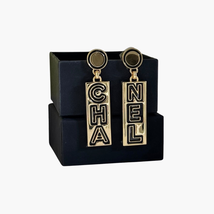 CHANEL Mark Gold Dangle Earrings Pre-Owned Like NEW - My Mama Found What