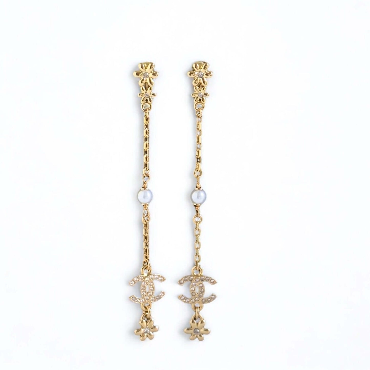 CHANEL CC Strass Floral long dangling authentic earrings