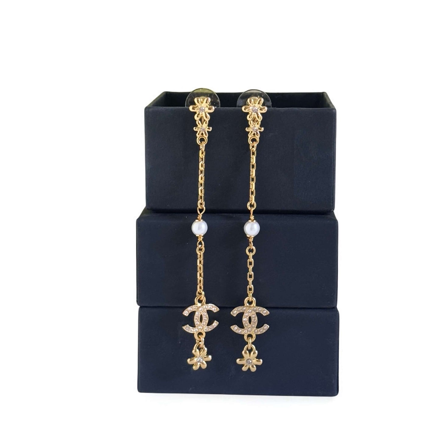 CHANEL CC Strass Floral long dangling authentic earrings