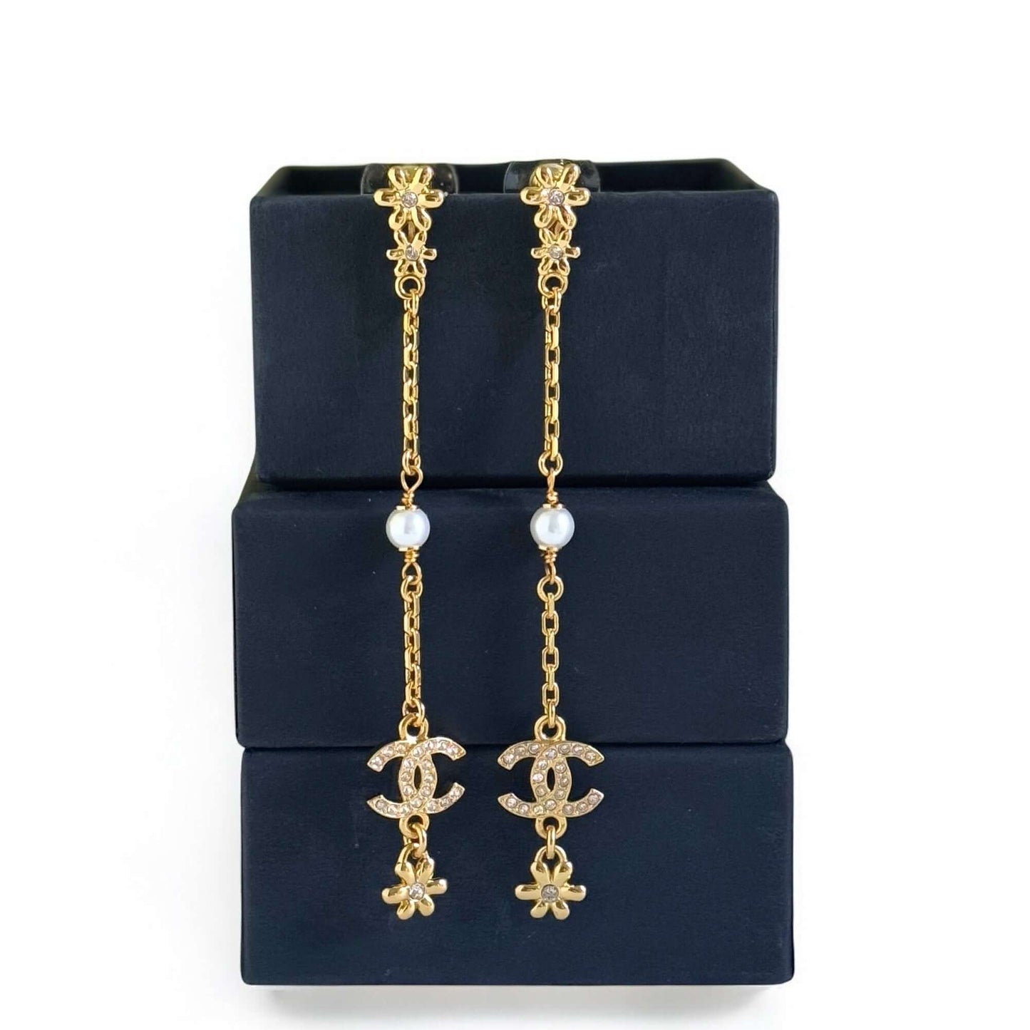 CHANEL CC Strass Floral long dangling authentic earrings