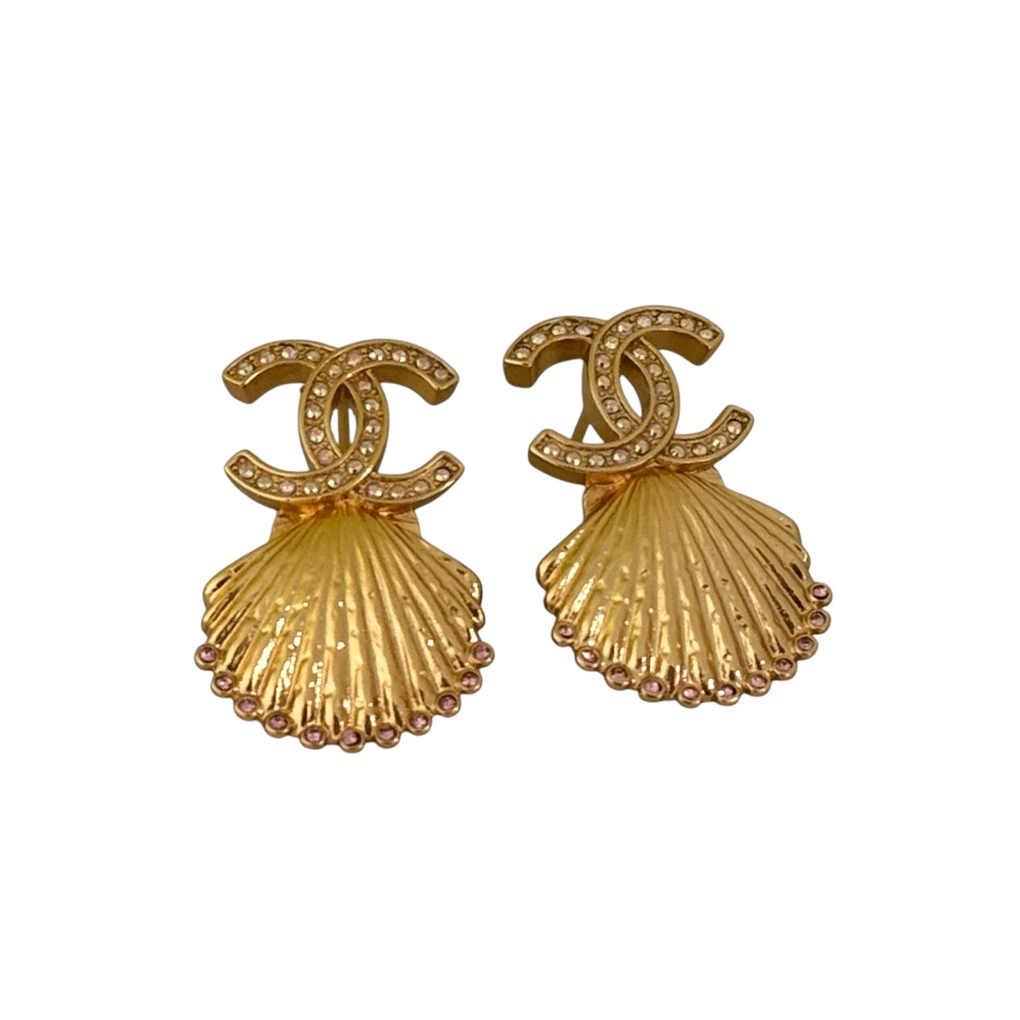 CHANEL Strass /Gold CC shell earrings w/ pink crystals Pre-Owned - My Mama Found What