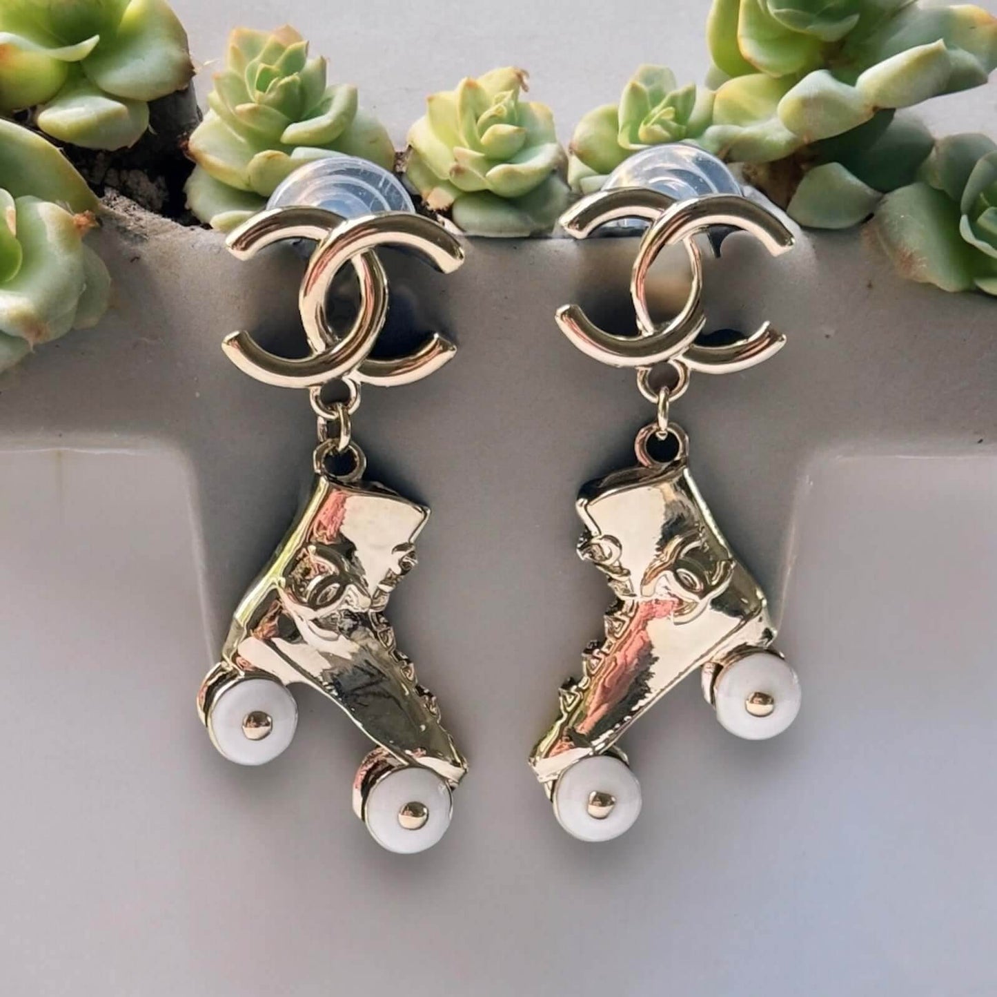Chanel Gold CC Rollar Skates Dangling Earrings Pre-Owned - My Mama Found What