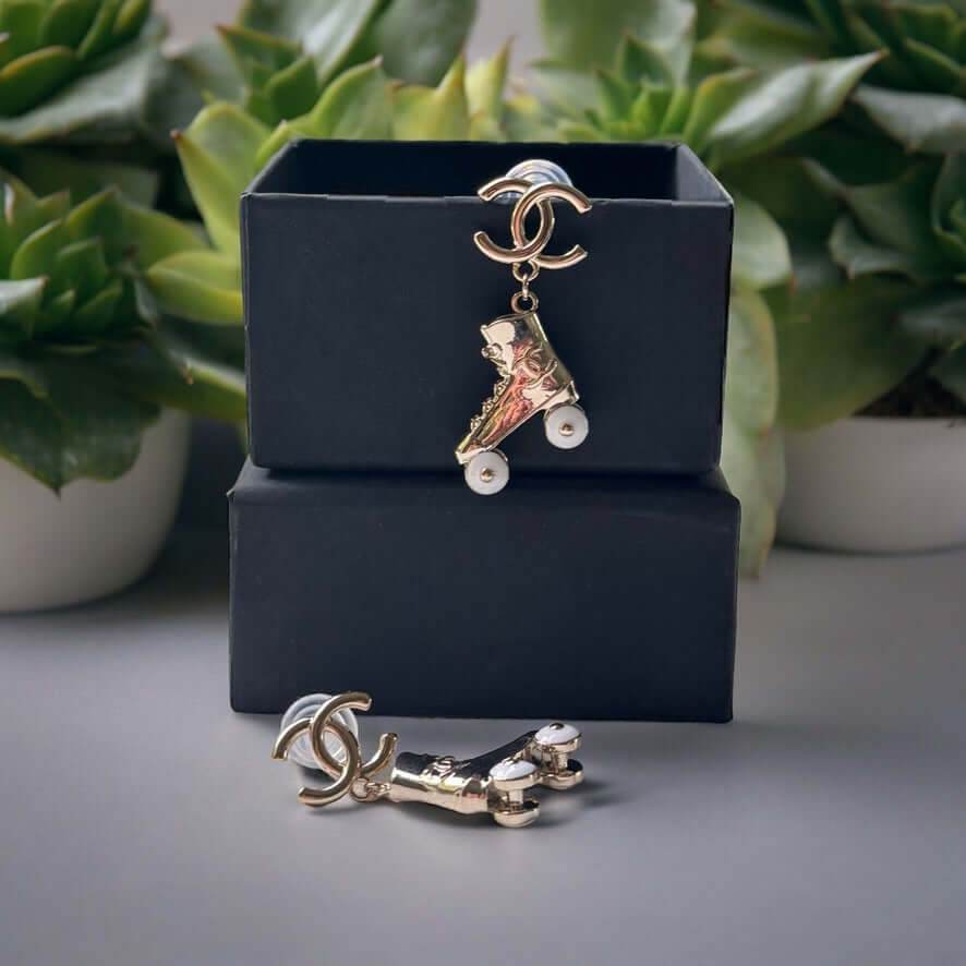 Chanel Gold CC Rollar Skates Dangling Earrings Pre-Owned - My Mama Found What
